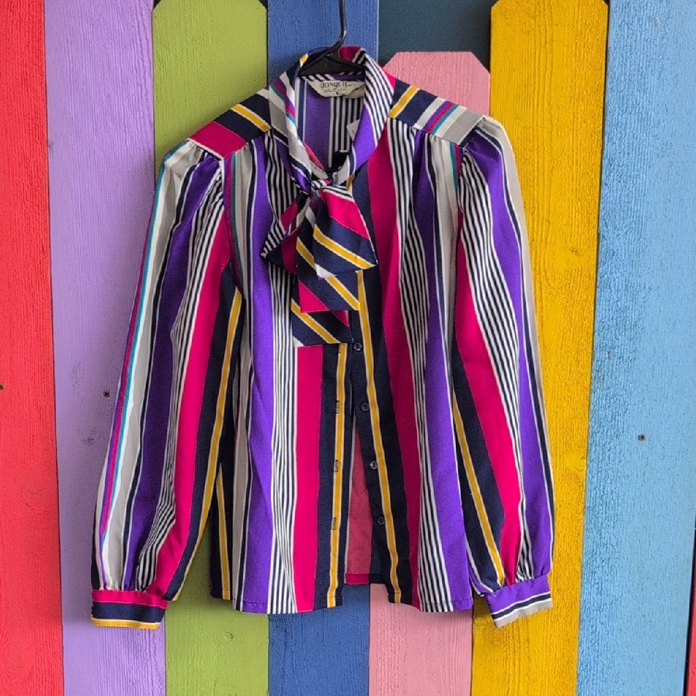 Vintage Purple and Pink Striped Blouse with Bow Collar